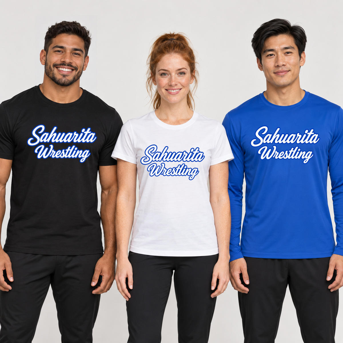 Sahuarita Wrestling Without Mascot on black and white cotton short-sleeve shirts and a True Royal long-sleeve performance shirt, shown on three adult models.