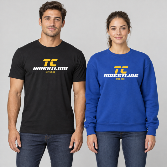 TC Wrestling Est. 2011 design with proportional smaller prints on a man's black T-shirt and a woman's blue crewneck sweatshirt