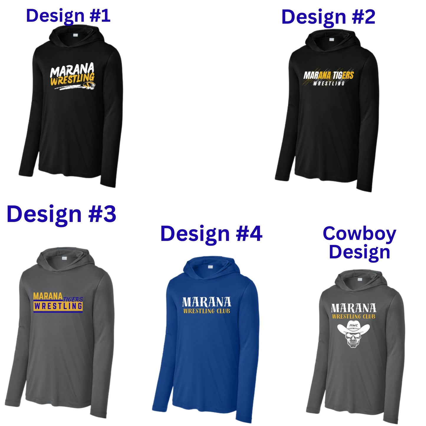 Marana Tigers Wrestling Design Longsleeve DriFit Hooded T-Shirt Unisex in Blue, Grey, & Black