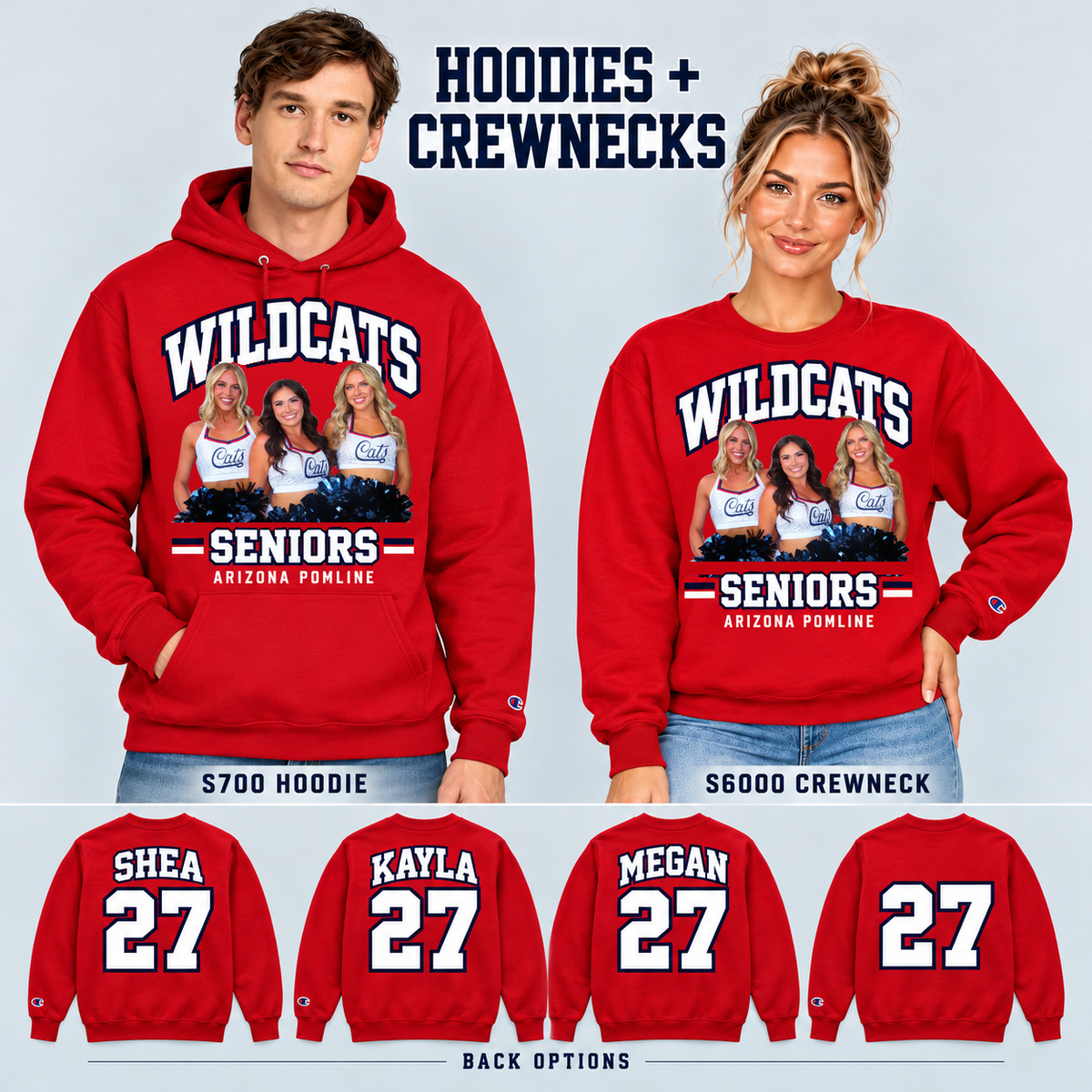 Arizona Pomline seniors S700 Scarlet hoodie and S6000 Scarlet crewneck, with Shea 27, Kayla 27, Megan 27 and no-name 27 backs