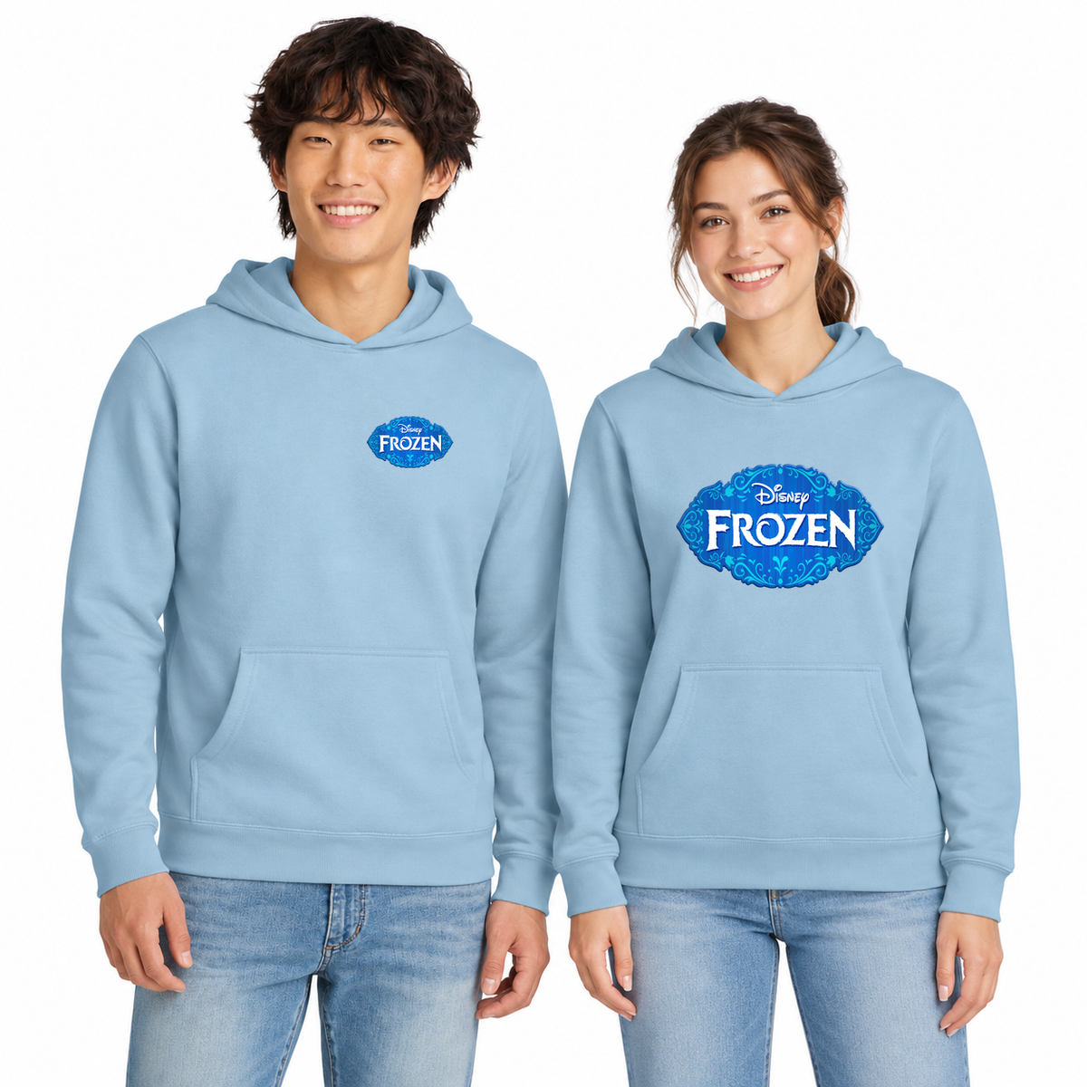 Arts Express Frozen adult Ice Blue hoodie — left chest logo and full front design