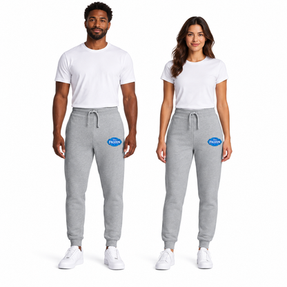 Arts Express Frozen unisex joggers in Light Heather Grey — logo on outer left thigh below pocket