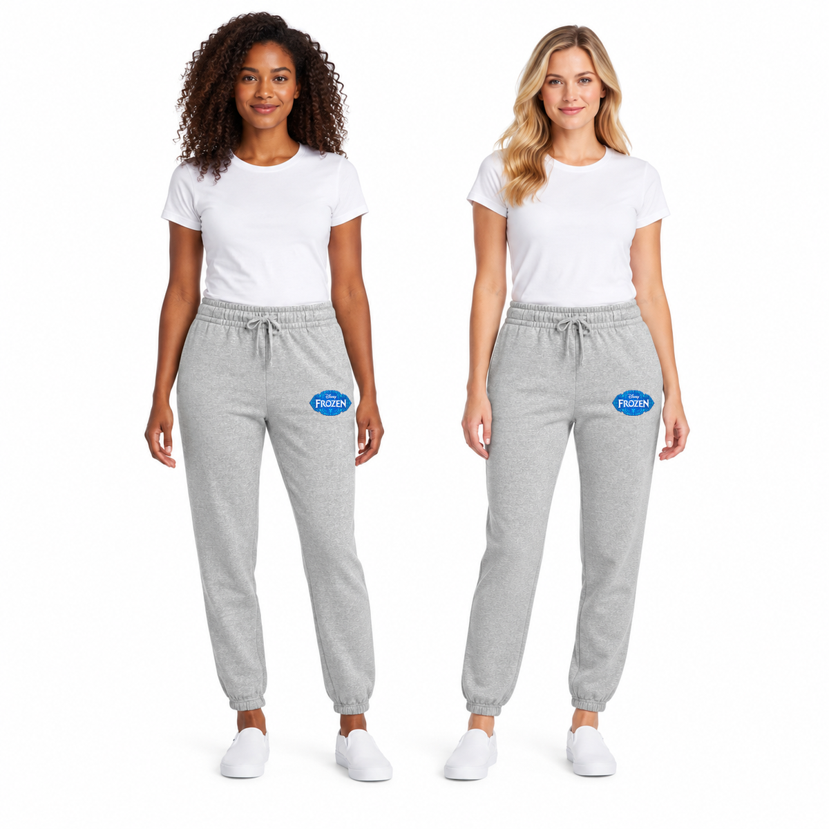 Arts Express Frozen womens sweatpants in Light Heather Grey — logo on outer left thigh below pocket