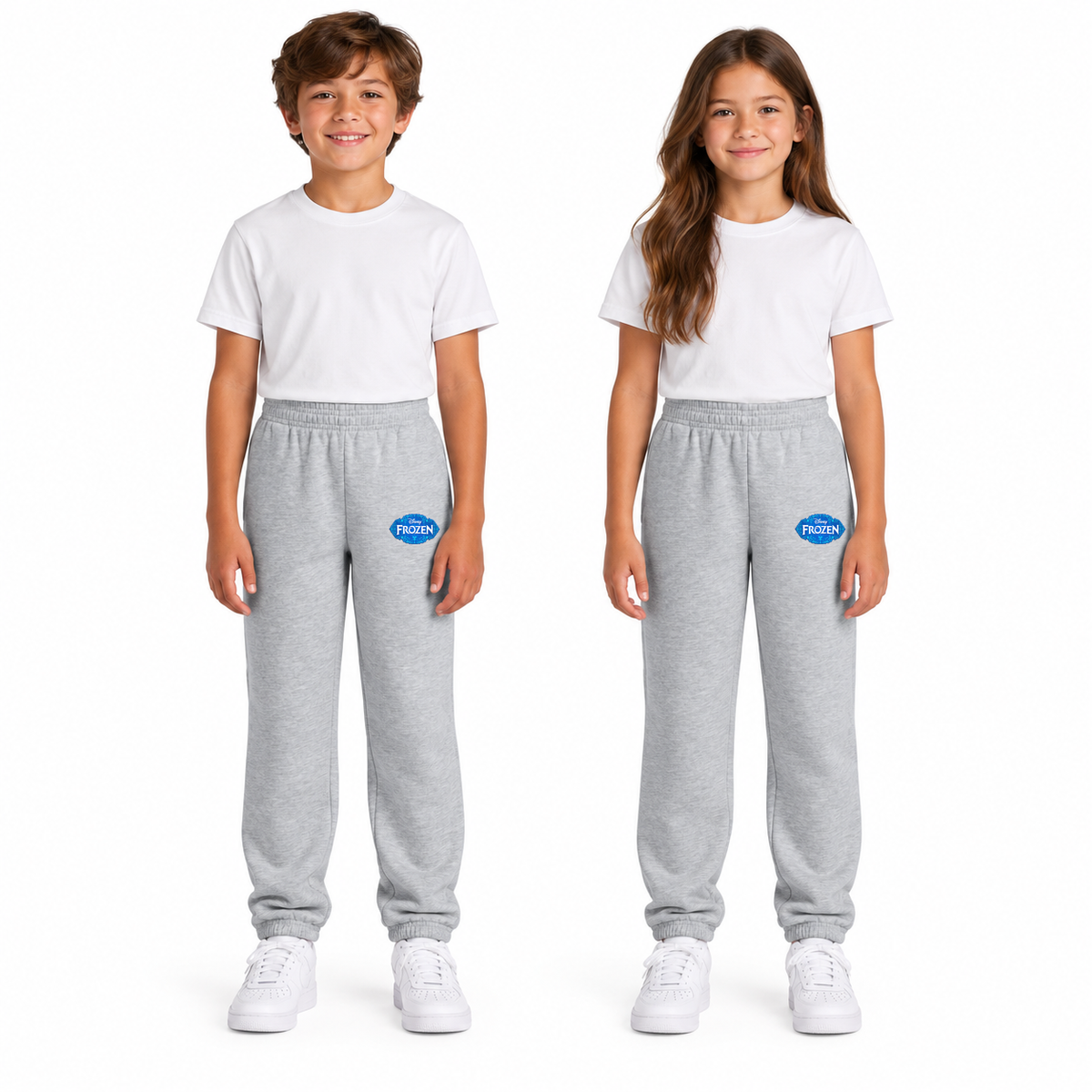 Arts Express Frozen youth sweatpants in Light Heather Grey — logo on outer left thigh below pocket
