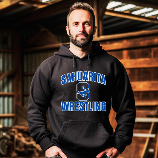 Sahuarita Mustangs Wrestling Hoodie or Crewneck Sweatshirt Unisex and Youth Sizes Blue and White Design