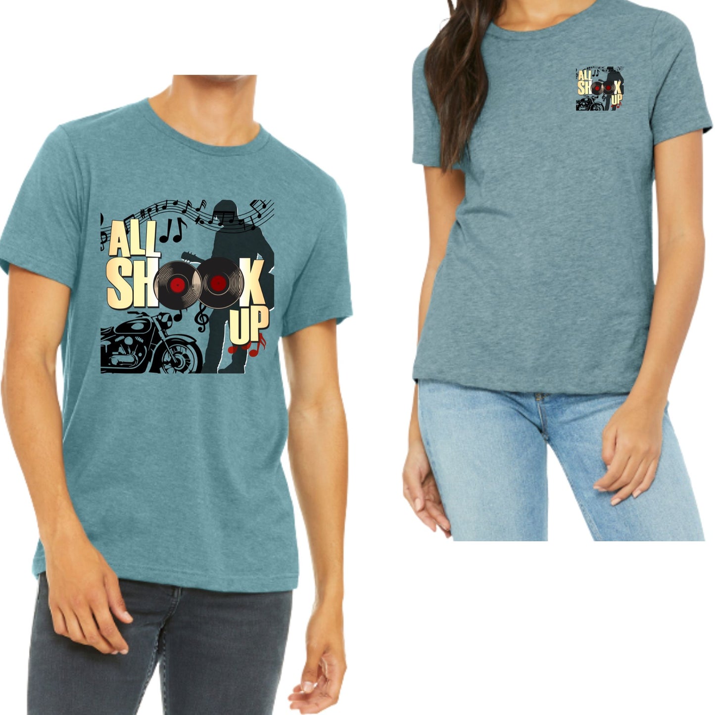 Arts Express All Shook Up Bella Canvas Cotton Blue Lagoon Women's or Unisex T-shirt Front and Back Design