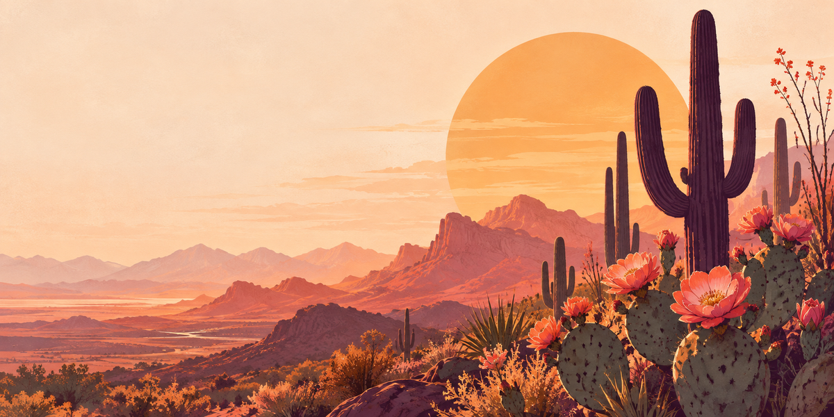 Coral cactus blossoms and saguaros against a golden Southwest sunset