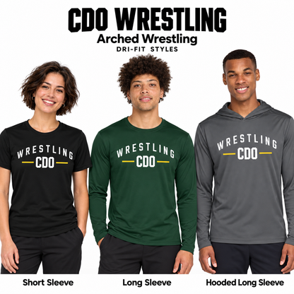 CDO arched-wrestling design on black short sleeve, Forest Green long sleeve, and Dark Smoke Grey hooded long sleeve Dri-Fit