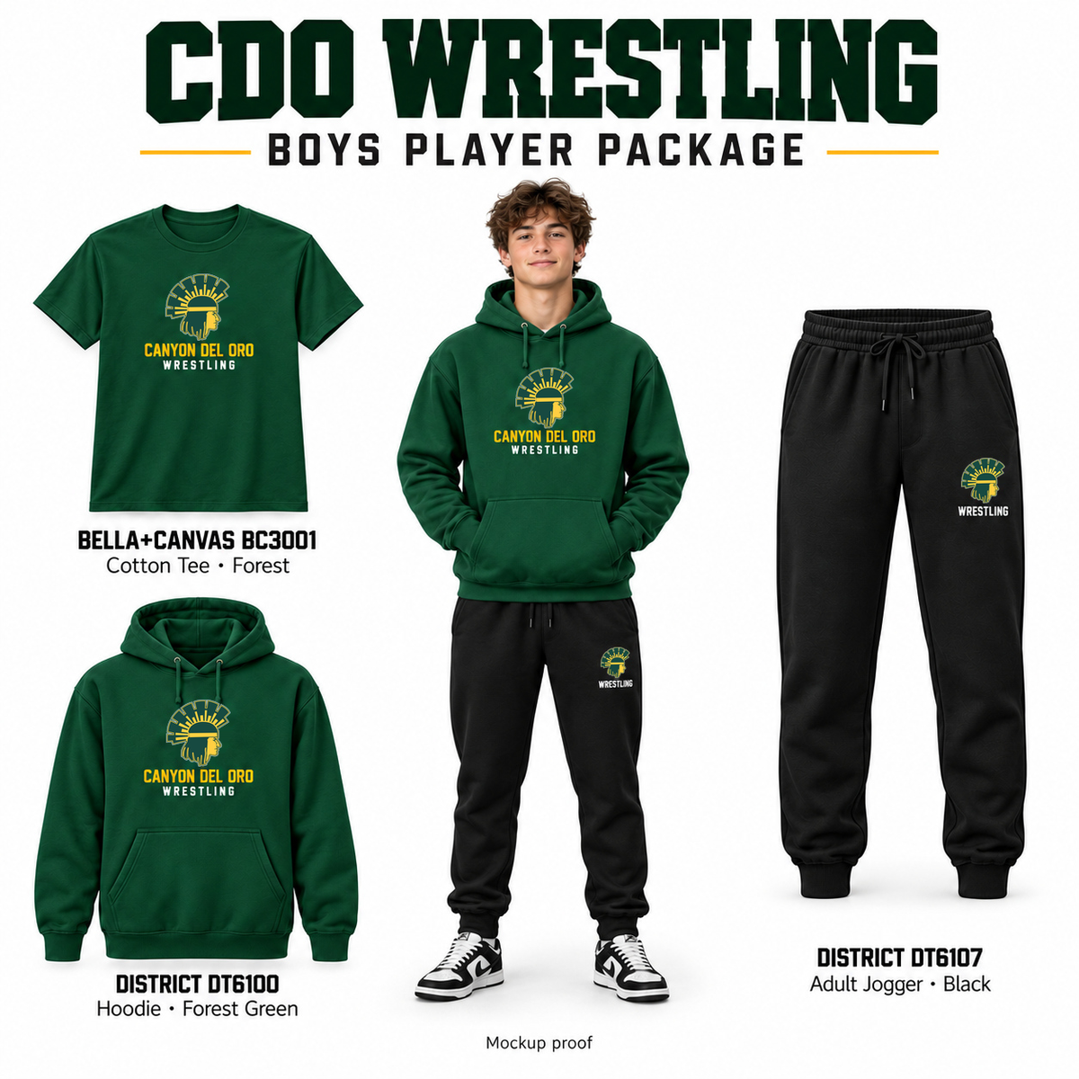 CDO Wrestling boys package with green tops and black pants