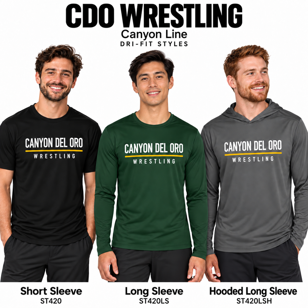 Canyon Line design on black short sleeve, Forest Green long sleeve, and Dark Smoke Grey hooded long sleeve Dri-Fit