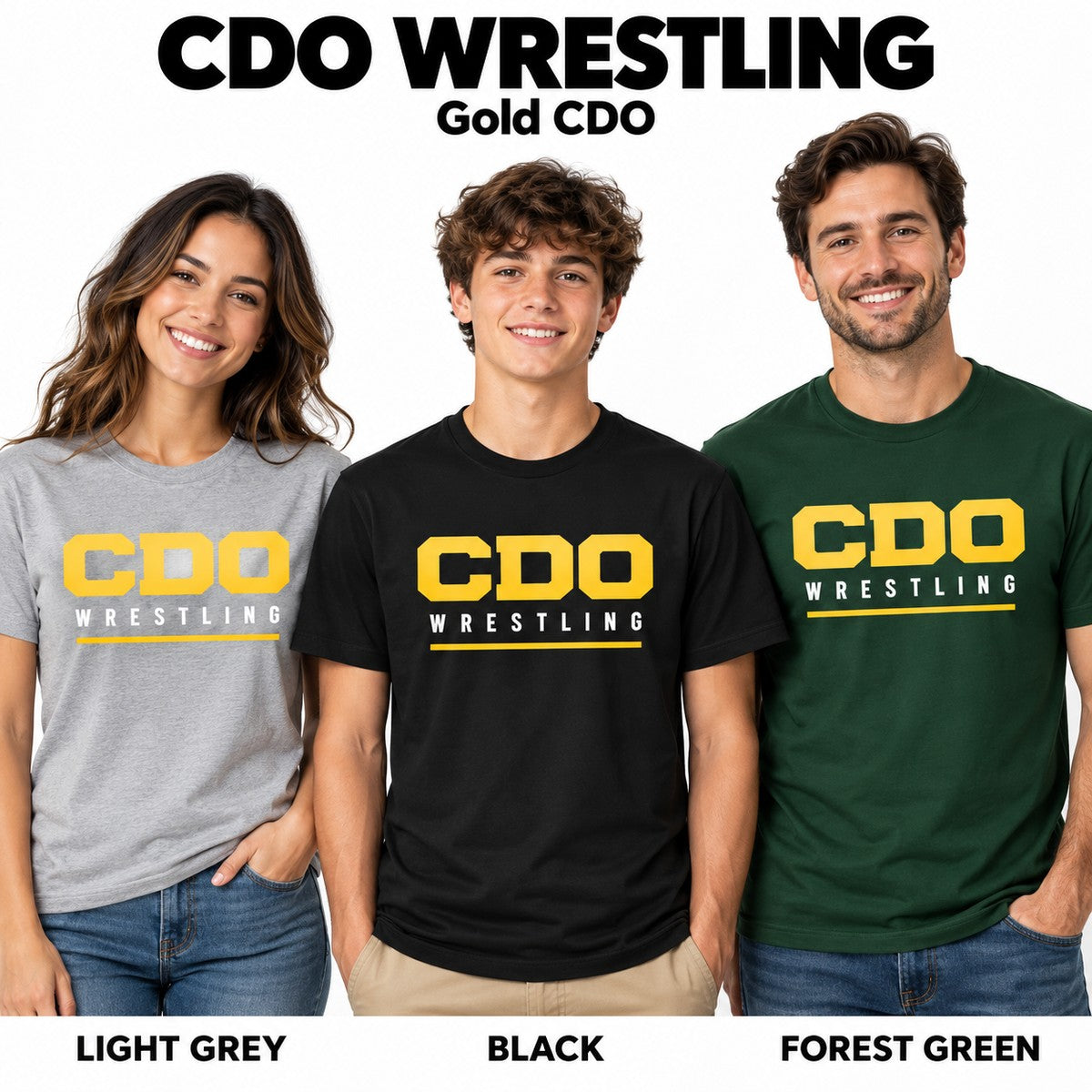 Gold CDO Wrestling design preview on gray, black and forest green shirts