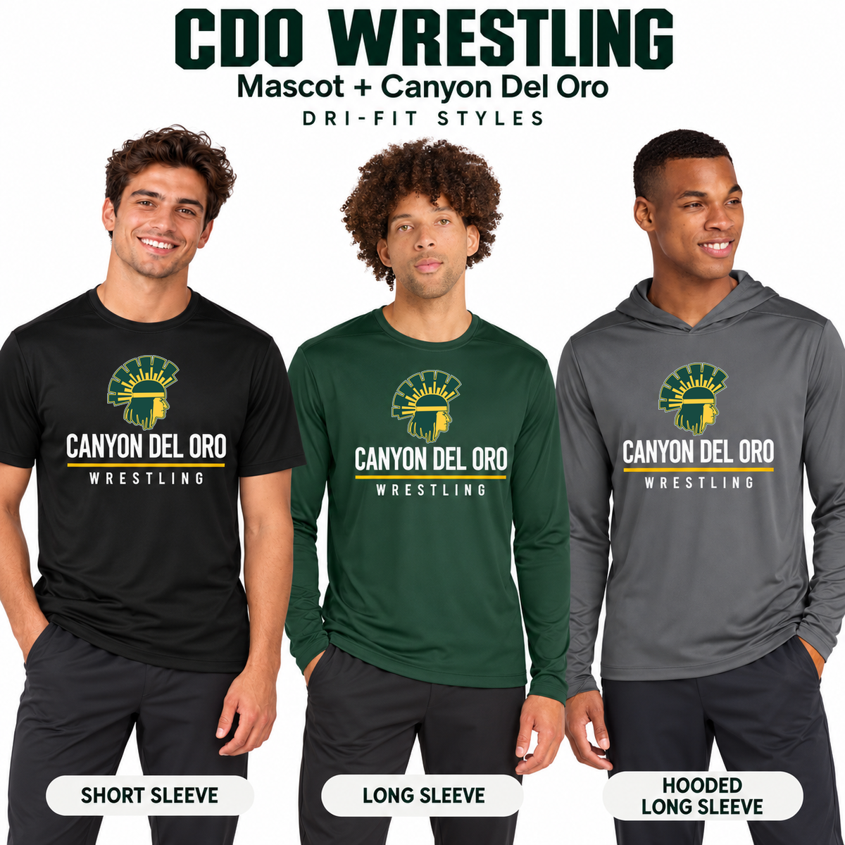 Mascot + Canyon Del Oro design on Sport-Tek Dri-Fit short sleeve, long sleeve, and hooded long sleeve