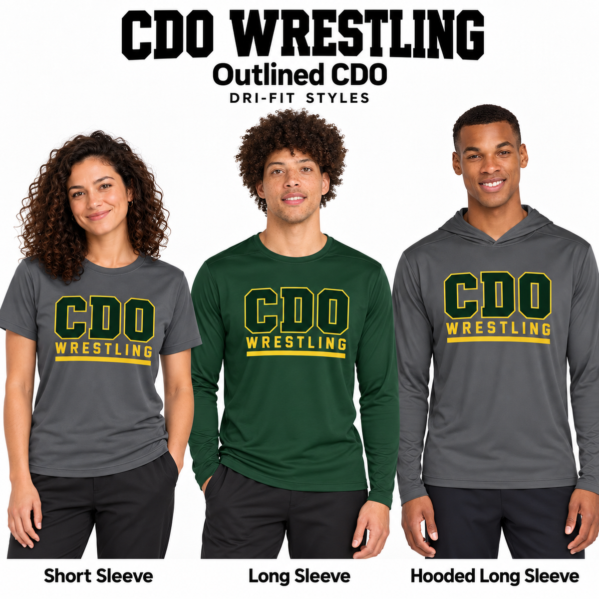 Outlined CDO design on Dark Smoke Grey short sleeve, Forest Green long sleeve, and Dark Smoke Grey hooded long sleeve Dri-Fit