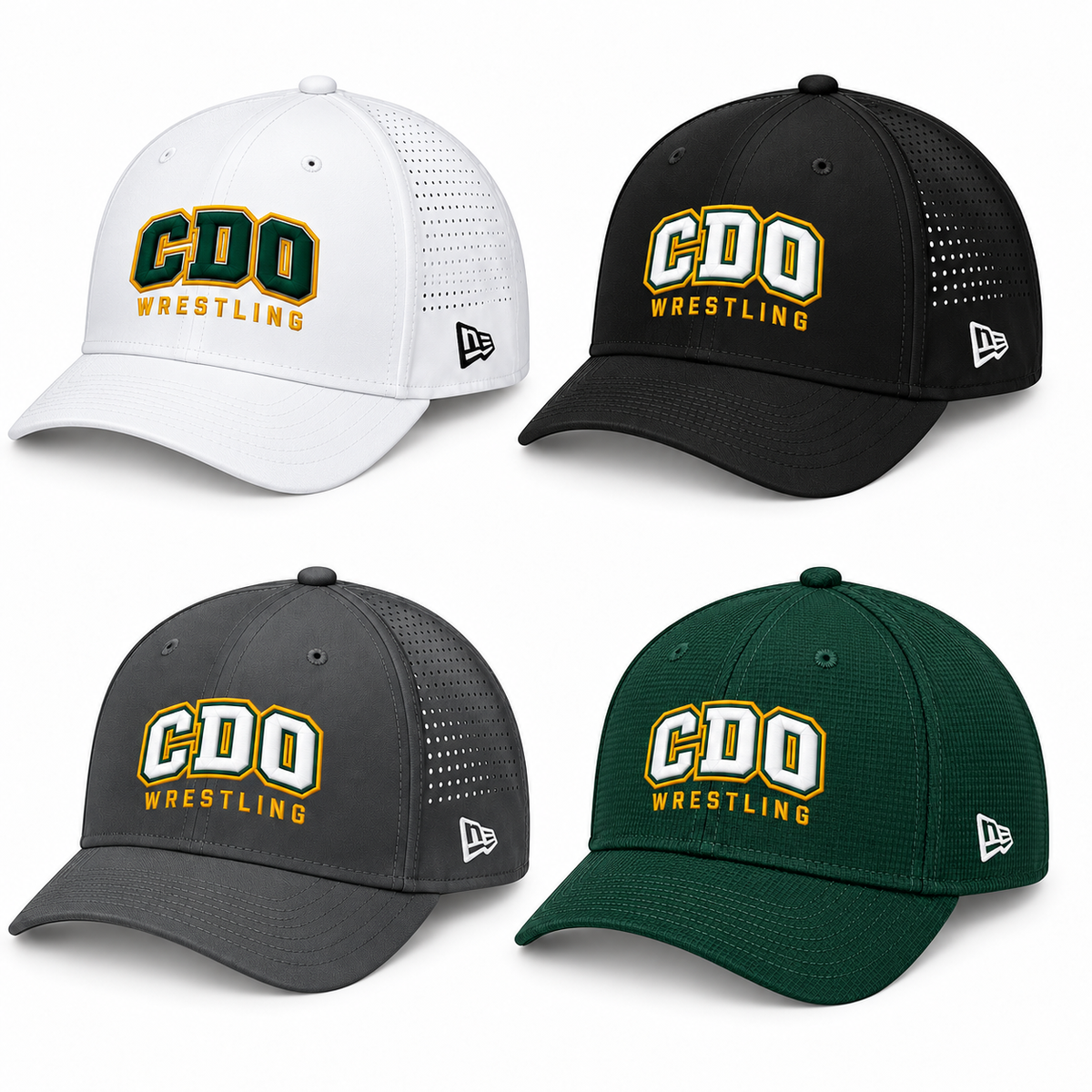 CDO Wrestling varsity #30 snapback hats in White, Black, Graphite and Flag Dark Green