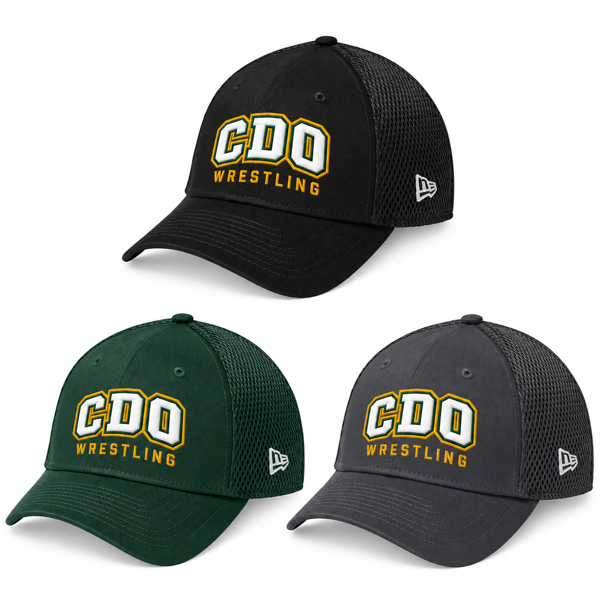 CDO Wrestling varsity fitted mesh hats in Black, Dark Green and Charcoal