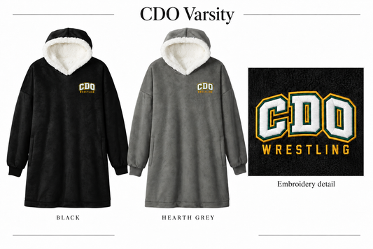 CDO Wrestling Varsity embroidered wearable blanket in Black and Hearth Grey with left-chest embroidery detail