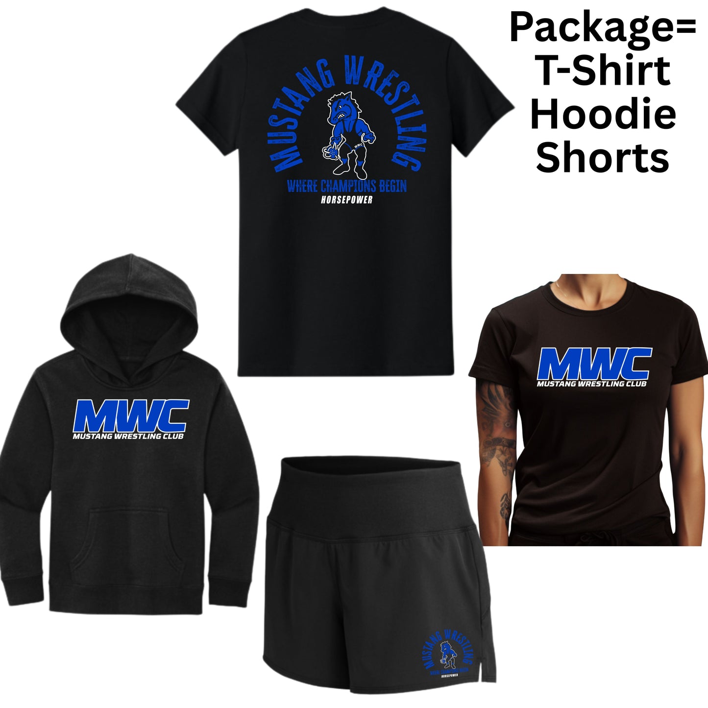 Mustangs Wrestling Club Womens 2025 Package = Hoodie, T-Shirt, and Shorts