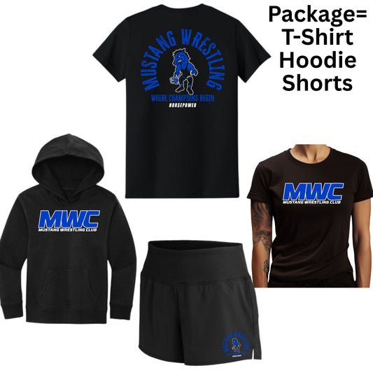 Mustangs Wrestling Club Womens 2025 Package = Hoodie, T-Shirt, and Shorts