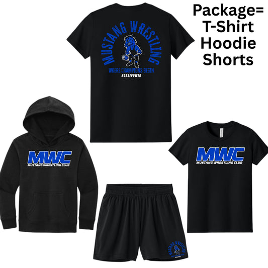 Mustangs Wrestling Club 2025 Package = Hoodie, T-Shirt, and Shorts Adult or Youth Sizes
