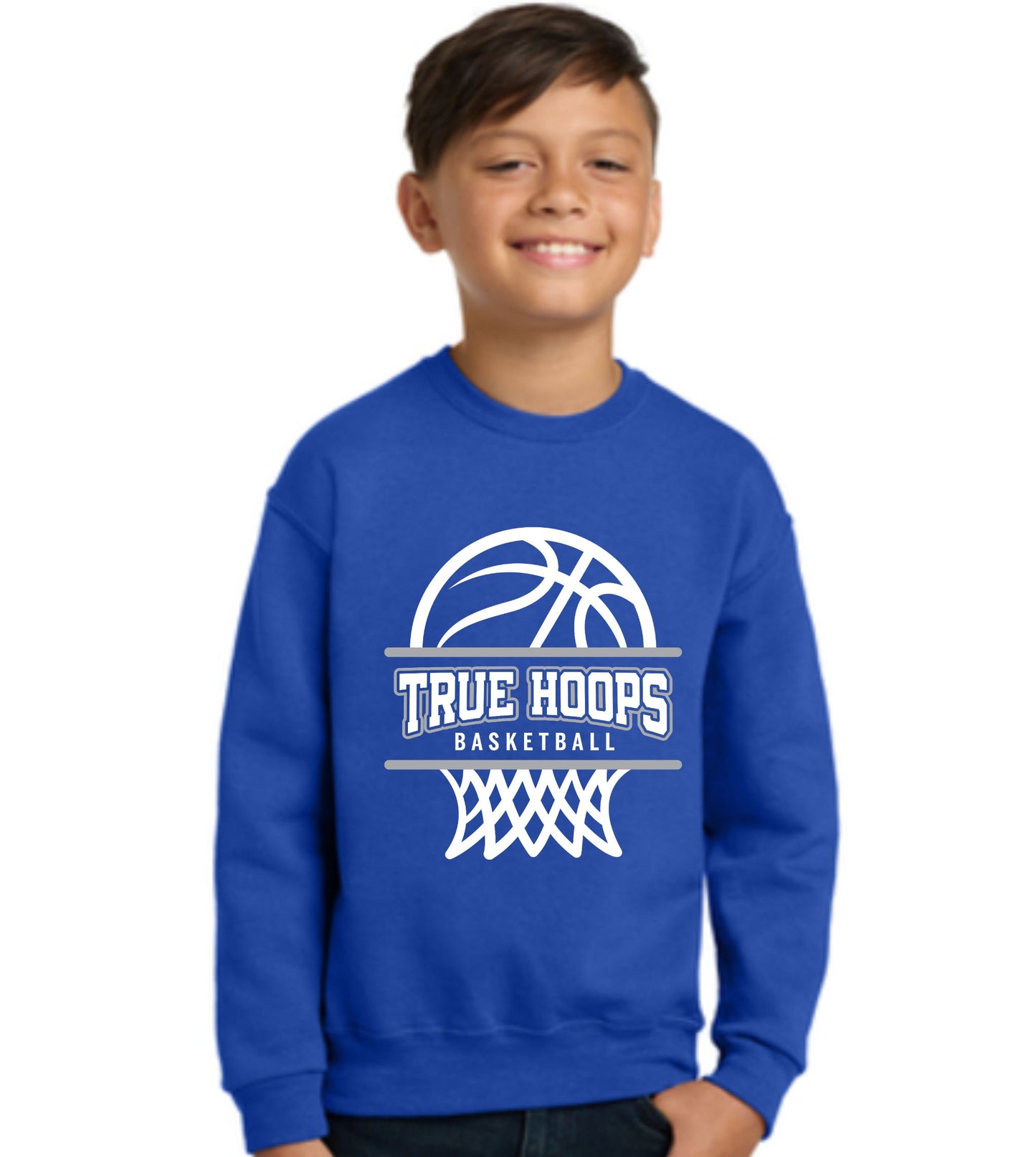 TRUE HOOPS BASKETBALL Hoodie or Crewneck Blue, Grey, or White