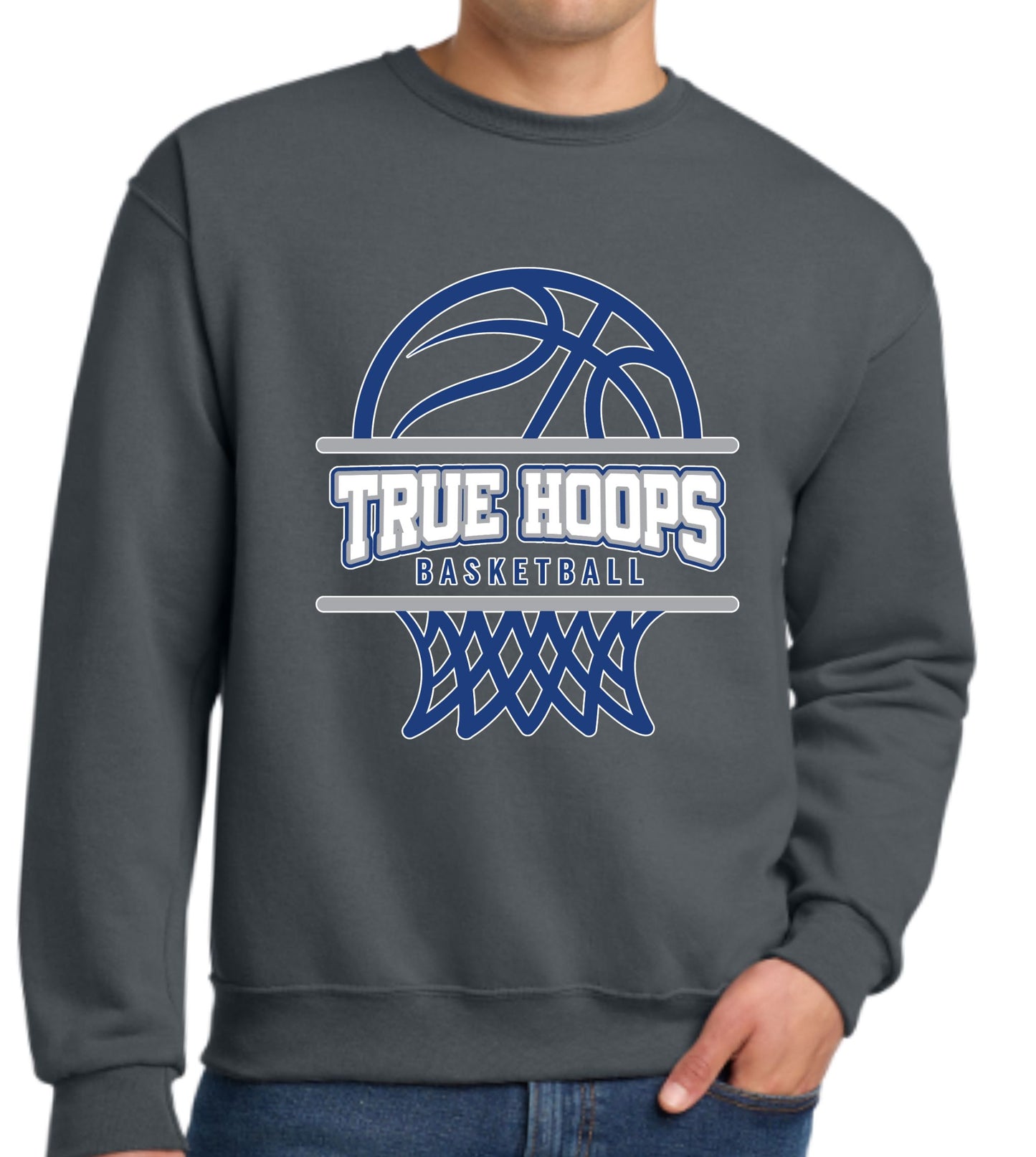 TRUE HOOPS BASKETBALL Hoodie or Crewneck Blue, Grey, or White