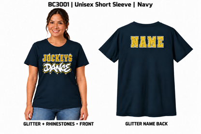 Jockeys Dance BC3001 navy glitter and rhinestone front with glitter-only personalized back name