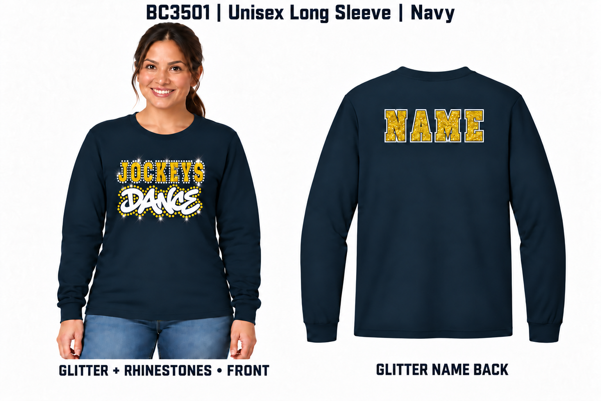 Jockeys Dance BC3501 navy glitter and rhinestone front with glitter-only personalized back name