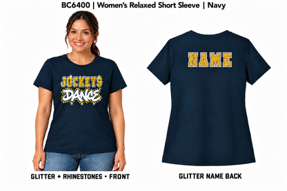 Jockeys Dance BC6400 navy glitter and rhinestone front with glitter-only personalized back name