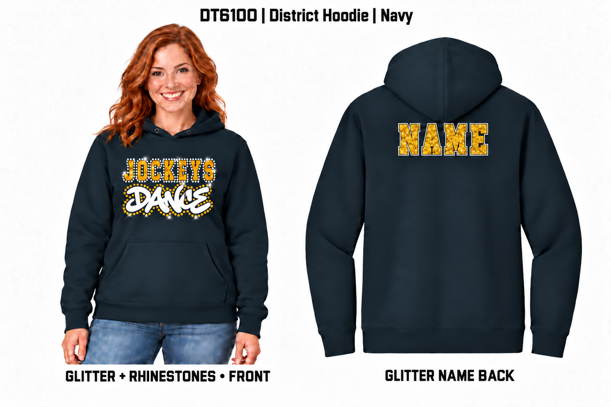 Jockeys Dance DT6100 navy glitter and rhinestone front with glitter-only personalized back name