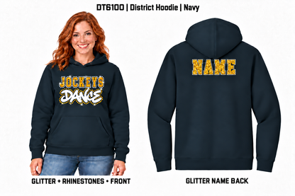 Jockeys Dance DT6100 navy glitter and rhinestone front with glitter-only personalized back name