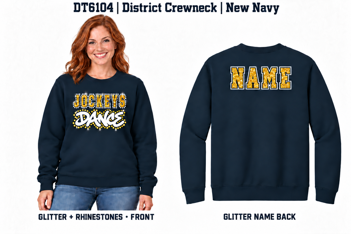 Jockeys Dance DT6104 navy glitter and rhinestone front with glitter-only personalized back name