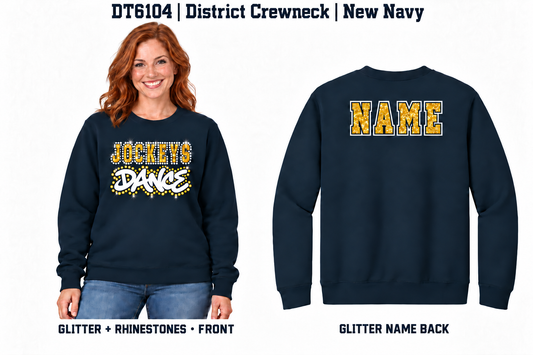 Jockeys Dance DT6104 navy glitter and rhinestone front with glitter-only personalized back name