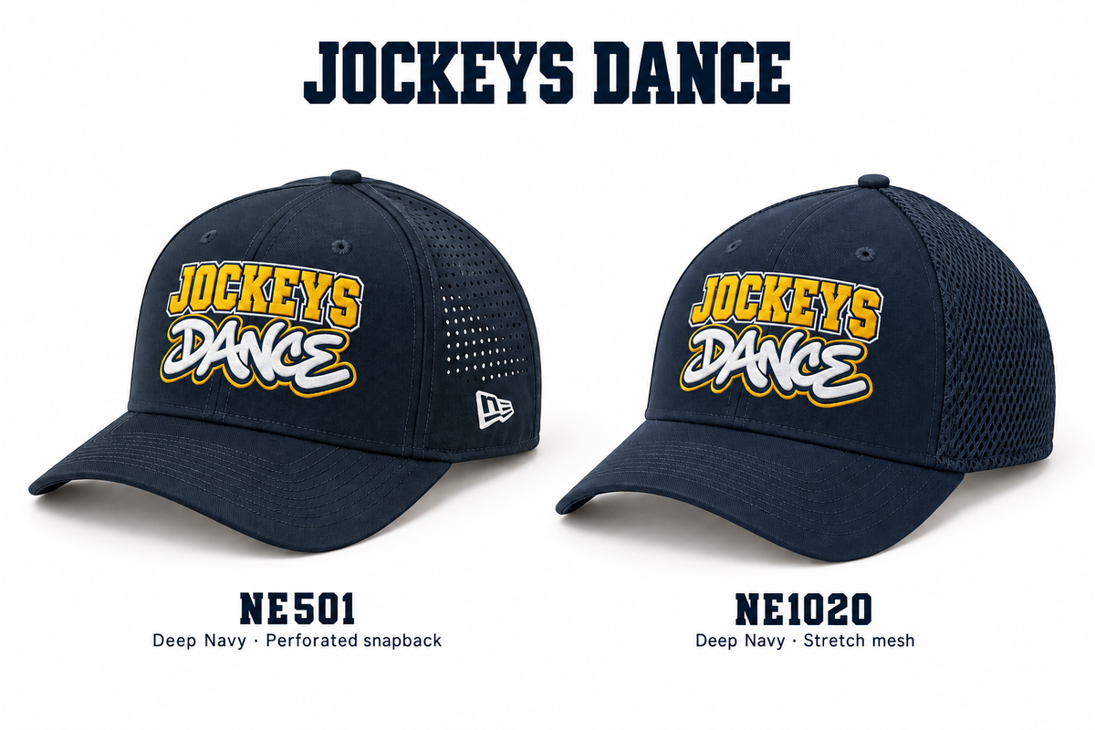 Jockeys Dance Deep Navy New Era NE501 and NE1020 embroidered hats