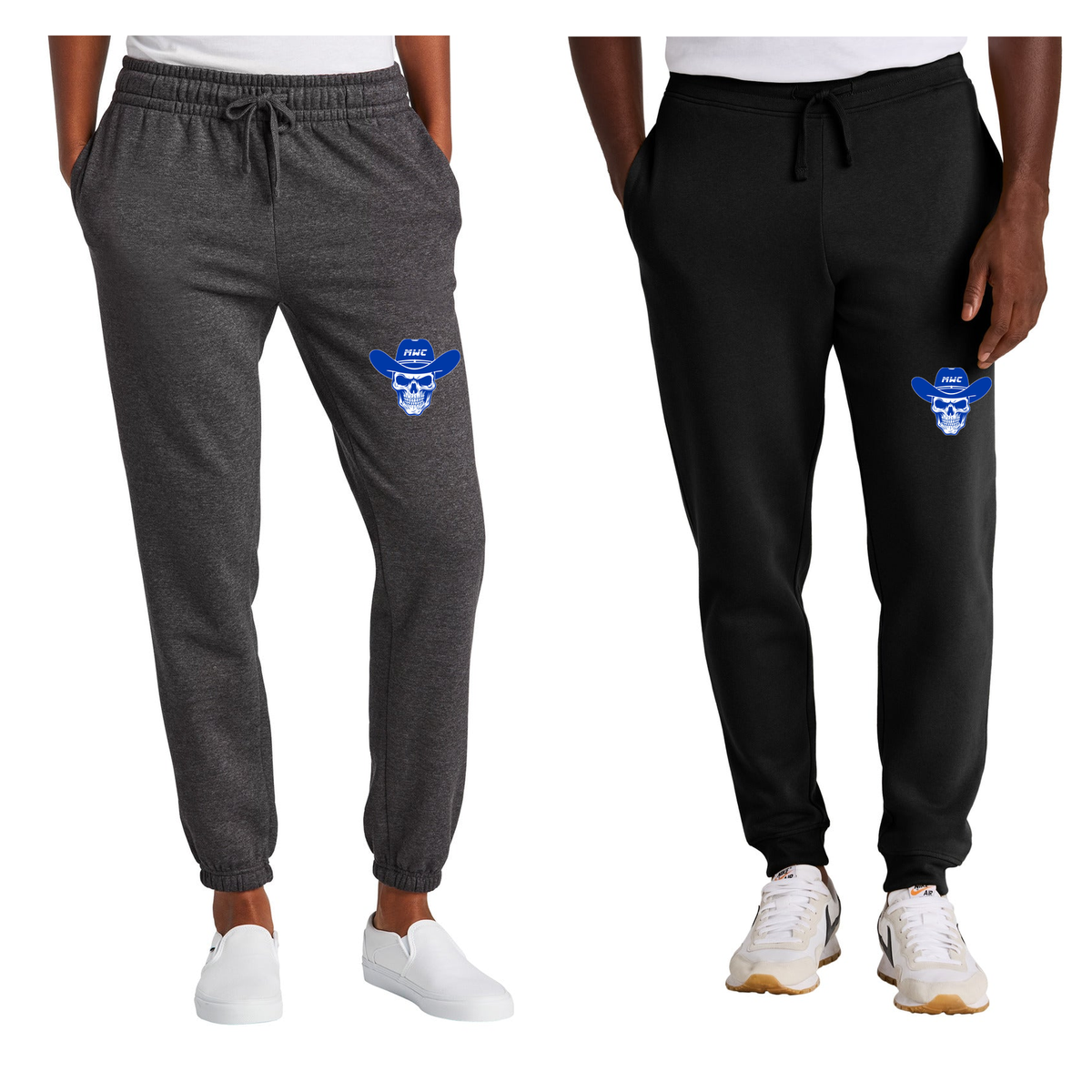 Woman in gray sweatpants and man in black joggers with small blue-and-white MWC skeleton heads lower on the outer left thigh below the pocket