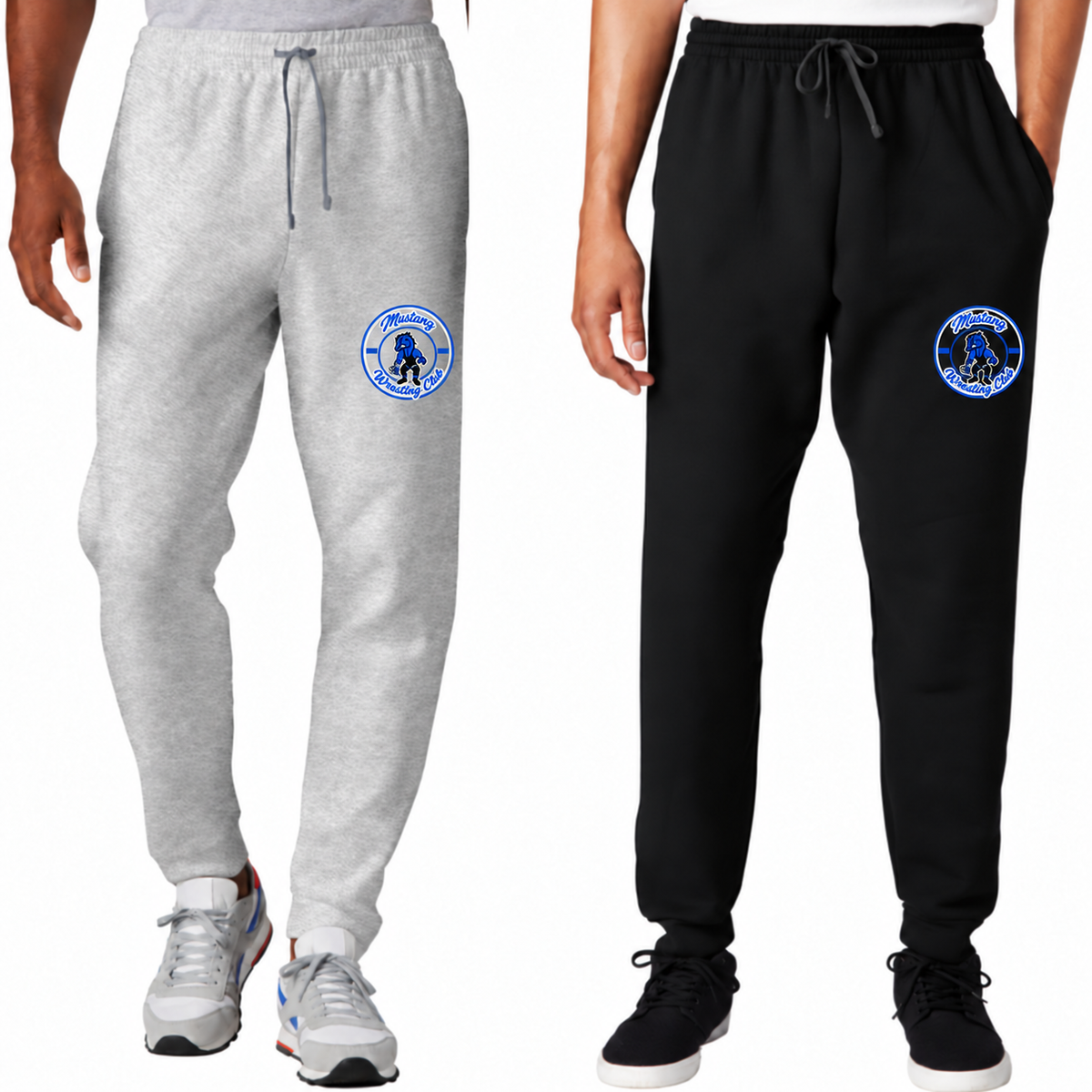 Black and grey Jerzees joggers with a small blue-and-white circular Mustang Wrestling Club mascot logo below the pocket on the wearer's left outer leg.