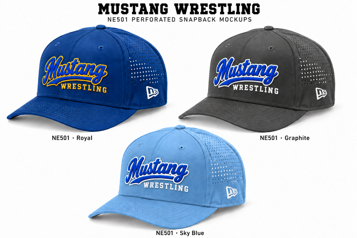 Mustang Wrestling embroidered snapback hats: royal with blue and gold stitching, graphite and sky blue with blue and white stitching.