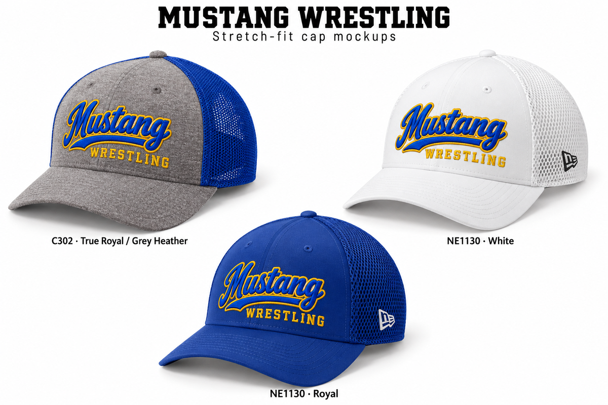 Mustang Wrestling embroidered stretch-fit caps with blue and gold stitching: grey heather front and bill with royal mesh, white, and royal blue.