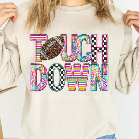 Touch Down Football Colorful Faux Embroidery T-Shirt