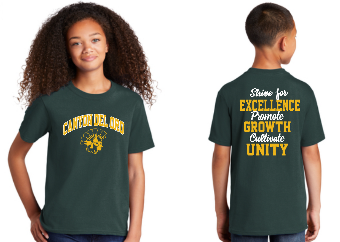 Canyon Del Oro Dorados Youth Spiritline - Cheer - Pomline Motto Green T-Shirt for young fans